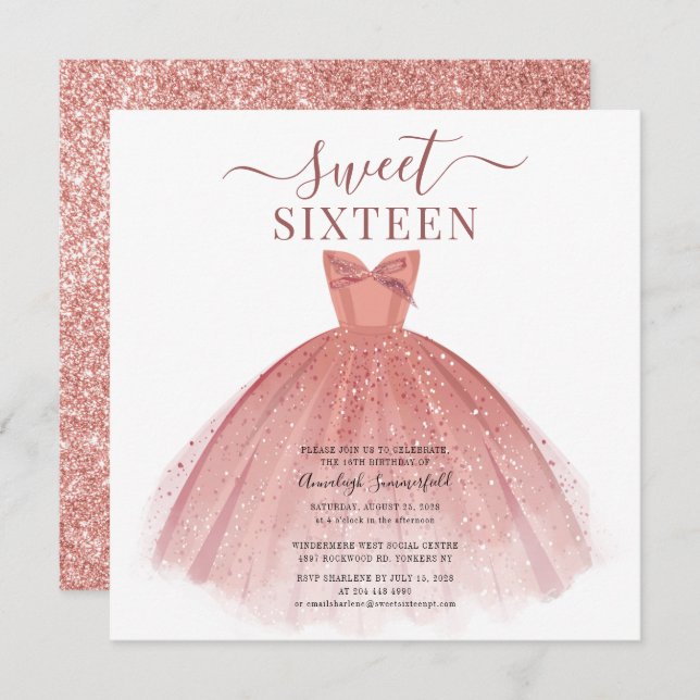 Invitation Robe rose or Parties scintillant douce 16 Annivers (Devant / Derrière)