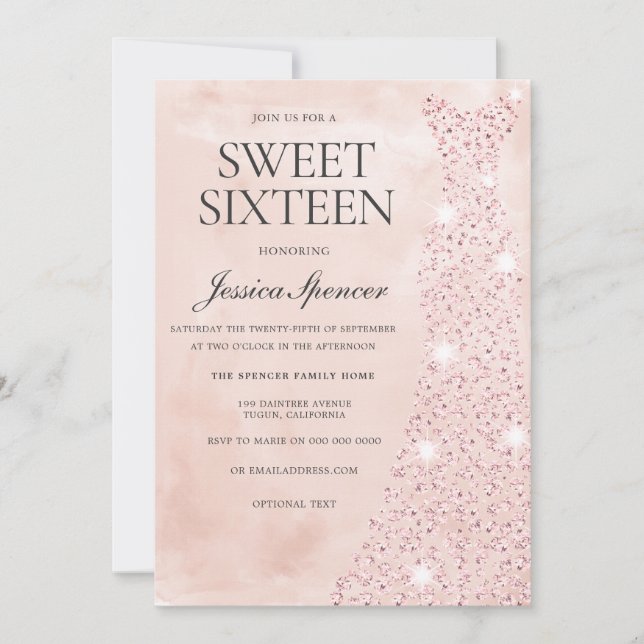 Invitation Robe rose Or Parties scintillant Douce 16 Partie (Devant)