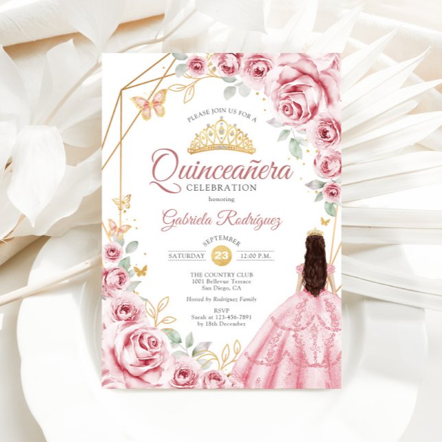 Invitation Robe rose or Quinceanera Floral (Créateur téléchargé)