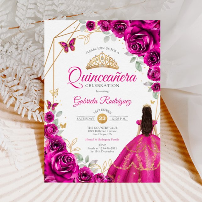Invitation Robe rose or Quinceanera Fuchsia (Créateur téléchargé)