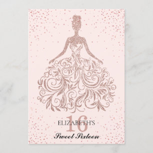 Invitation Robe rose or rose étincelle Douce 16e anniversaire