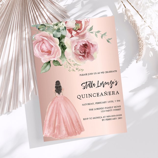 Invitation Robe rose or rose florales Quinceanera (Créateur téléchargé)