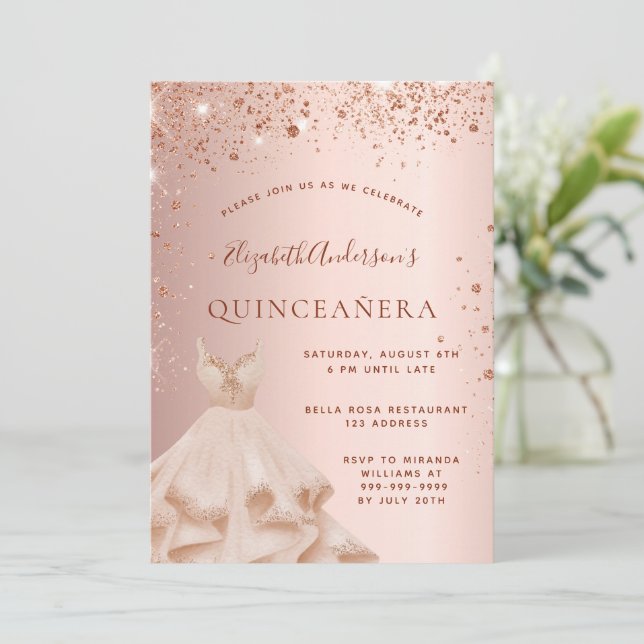 Invitation Robe rose or rose Quinceanera (Debout devant)