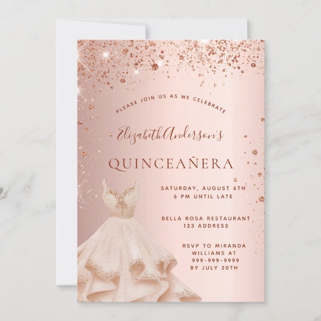 Invitation Robe rose or rose Quinceanera (Devant)