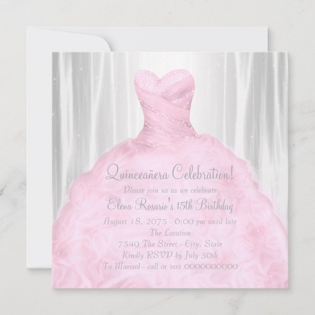 Invitation Robe rose pâle Élégante Quinceañera rose (Devant)