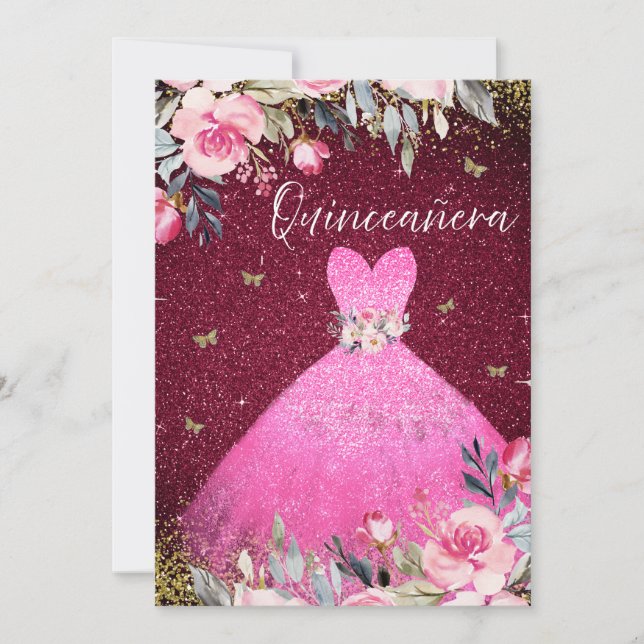 Invitation Robe rose pâle magique Quinceanera florale (Devant)