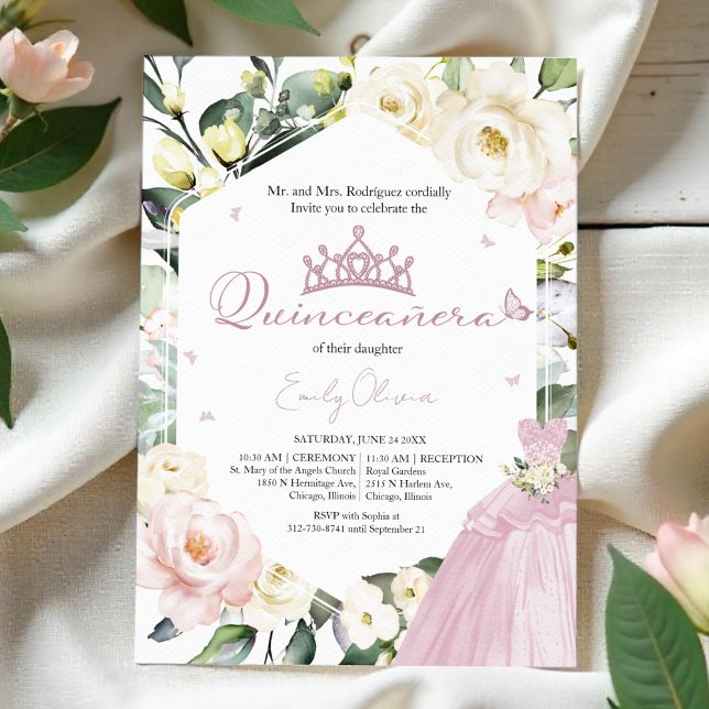 Invitation Robe rose Papillon Boho Floral Photo Quinceañera (Créateur téléchargé)