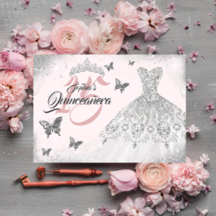 Invitation Robe rose papillon en argent étincelante Quinceane