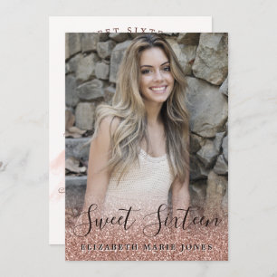 Invitation Robe rose Parties scintillant or Photo Sweet 16 An