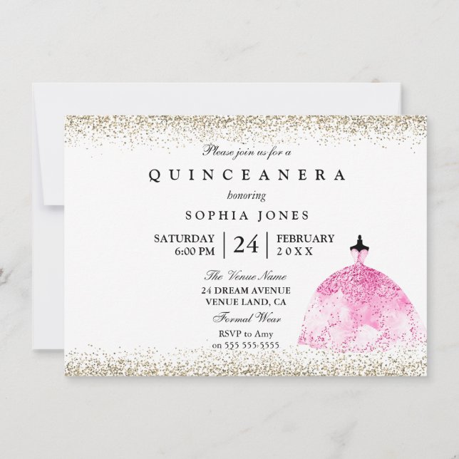 Invitation Robe rose Parties scintillant or Quinceanera invit (Dos)