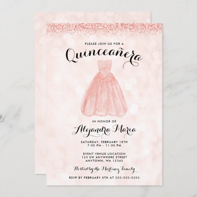 Invitation Robe rose Parties scintillant or Quinceanera Invit (Devant / Derrière)
