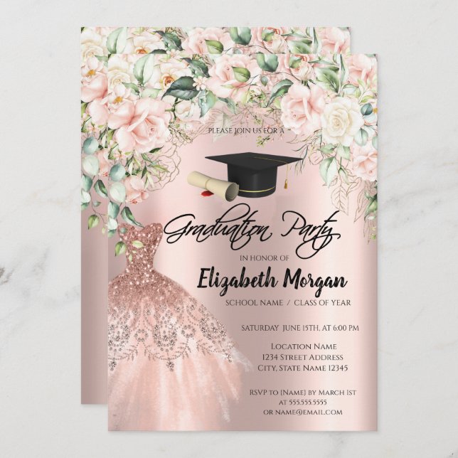 Invitation Robe rose Parties scintillant or Rose Grad Casquet (Devant / Derrière)