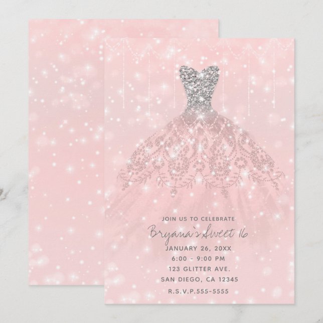 Invitation Robe Rose Pêche Paillettes Argentées Sweet 16 (Devant / Derrière)