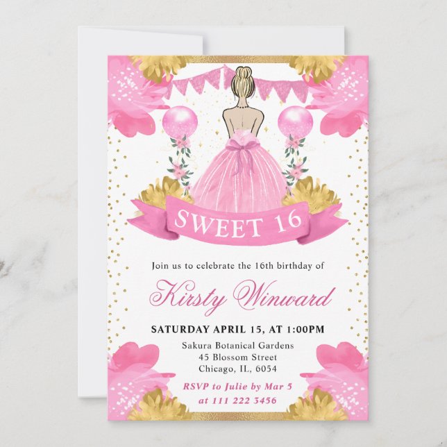 Invitation Robe rose princesse blonde Sweet 16 (Devant)