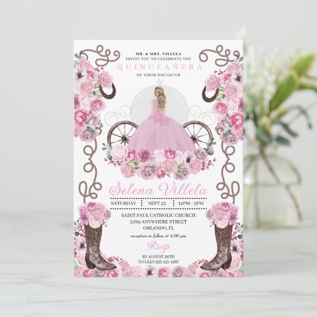 Invitation Robe Rose Princesse & Bottes Quinceañera (Debout devant)
