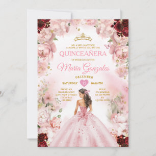 Invitation Robe rose princesse Bourgogne Floral Quinceañera