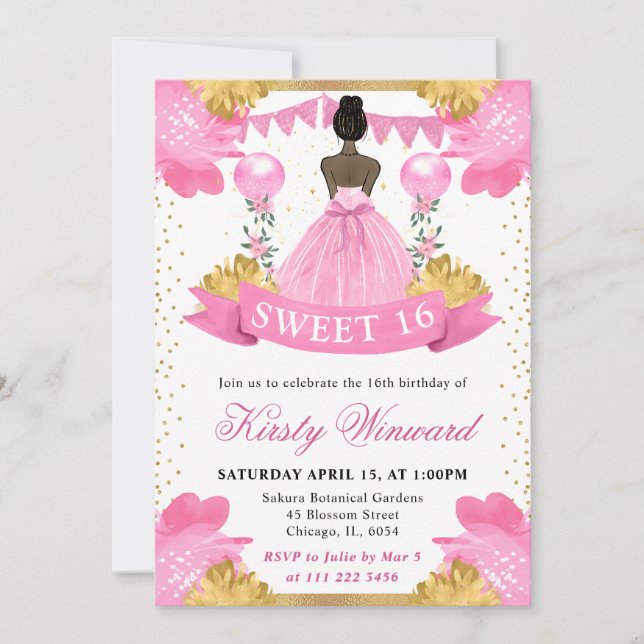 Invitation Robe rose princesse peau foncée Sweet 16 (Devant)