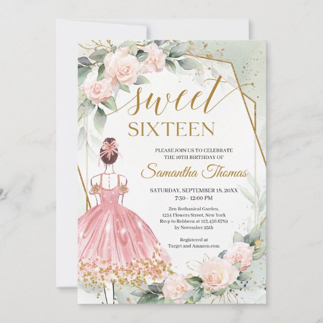 Invitation Robe rose princesse roses et or eucalyptus (Devant)