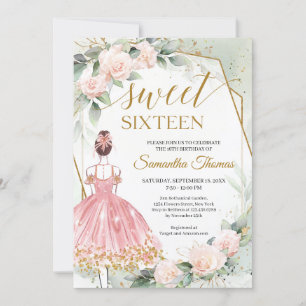 Invitation Robe rose princesse roses et or eucalyptus