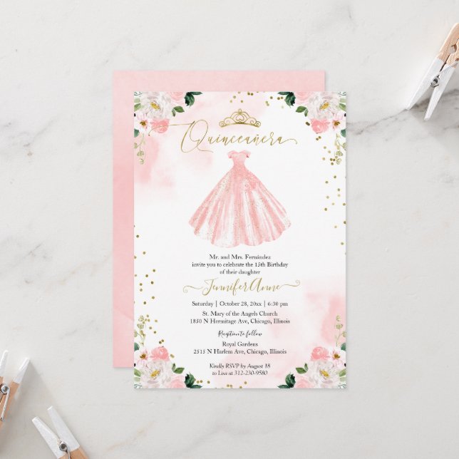 Invitation Robe rose Quinceanera Blush (Devant/Arrière en situation)