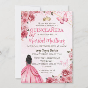 Invitation Robe rose Quinceanera Papillon floral