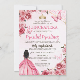 Invitation Robe rose Quinceanera Papillon floral