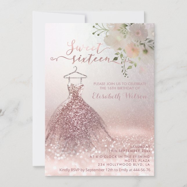Invitation Robe Rose romantique or gliterie robe florale (Devant)