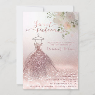 Invitation Robe Rose romantique or gliterie robe florale