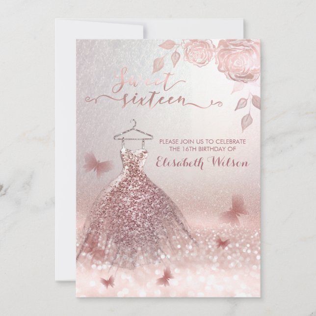 Invitation Robe Rose romantique or glitrobe roses Invitati (Devant)