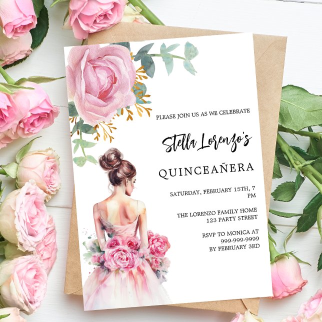 Invitation Robe rose rose à fleurs Quinceanera (Créateur téléchargé)