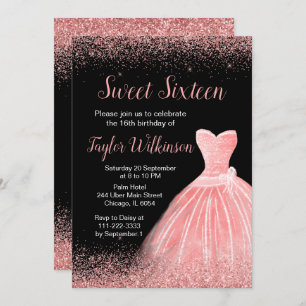 Invitation Robe rose rose Faux Parties scintillant Douce 16 A