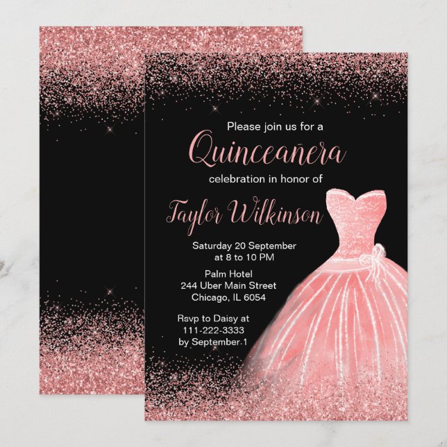 Invitation Robe rose rose Faux Parties scintillant Quinceaner (Devant / Derrière)