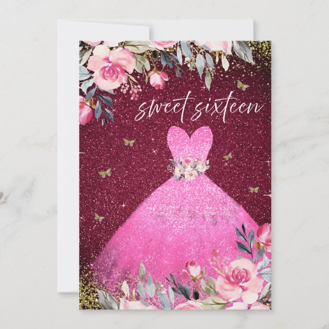 Invitation Robe rose rose pâle magique Floral Sweet 16 (Devant)