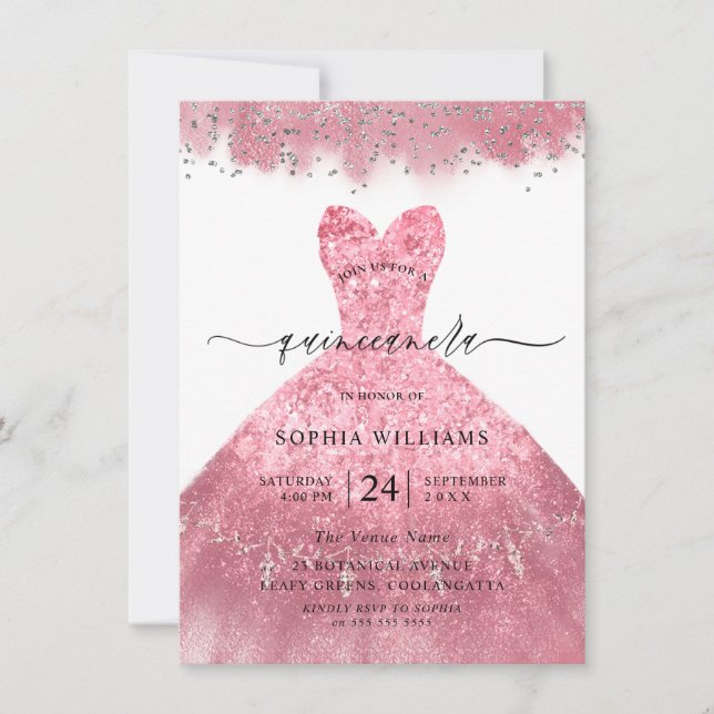 Invitation Robe rose vif à étincelles Quinceanera Party (Devant)