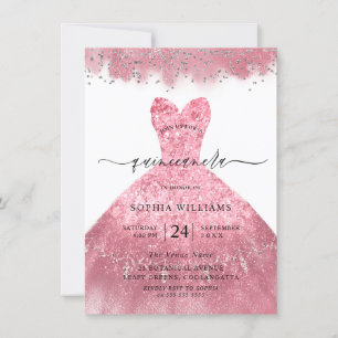 Invitation Robe rose vif à étincelles Quinceanera Party