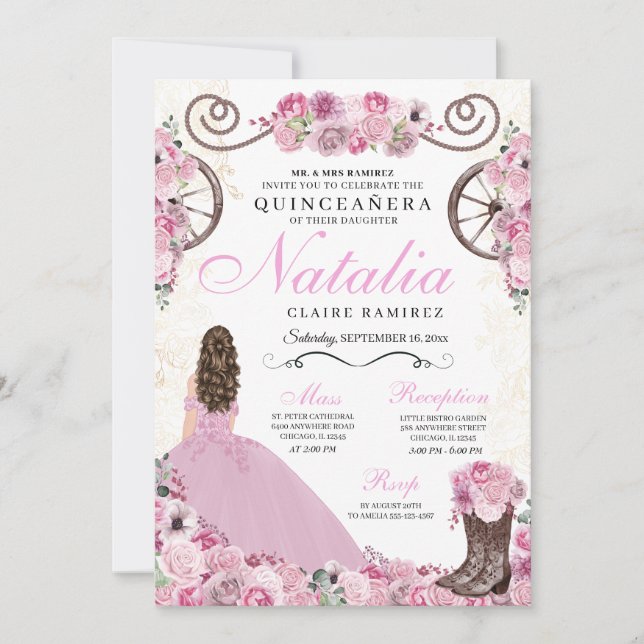 Invitation Robe rose vif Ranchero Princesse Quinceanera (Devant)