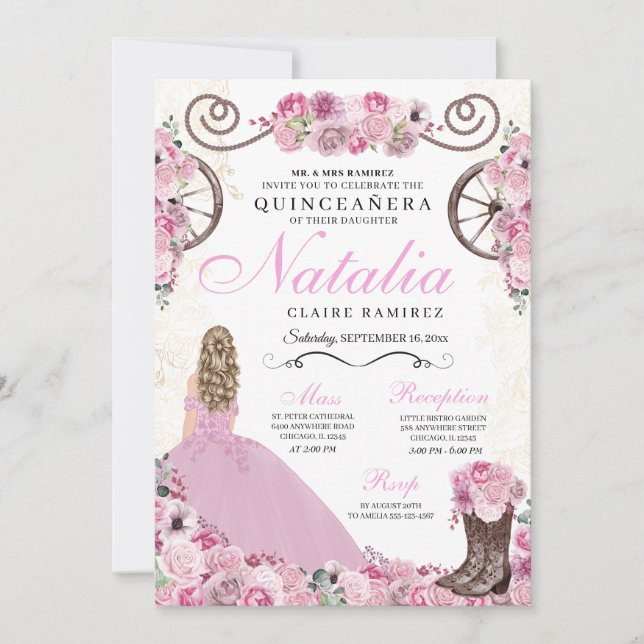 Invitation Robe rose vif Ranchero Princesse Quinceanera (Devant)