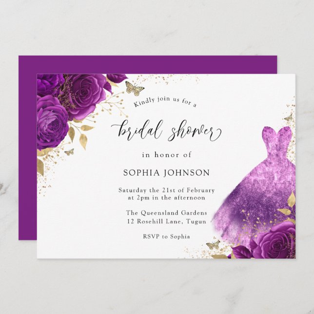 Invitation Robe Rose violet et or étincelante Fête des mariée (Devant / Derrière)