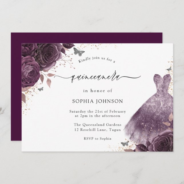 Invitation Robe Rose violet étincelante Floral Quinceanera Pa (Devant / Derrière)