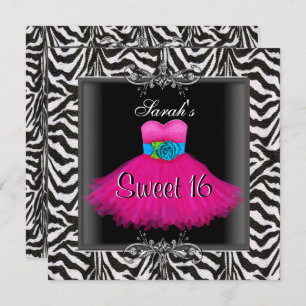 Invitation Robe rose Zèbre Sweet sixteen 16 Anniversaire Robe
