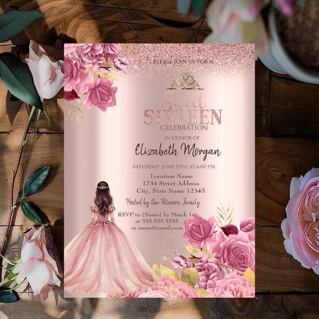 Invitation Robe Roses Roses Glitter Or Rose  Douce 16 (Créateur téléchargé)