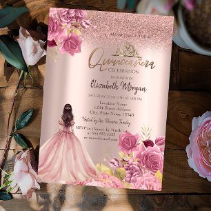 Invitation Robe Roses Roses Pailletées Rose Or Quinceañera