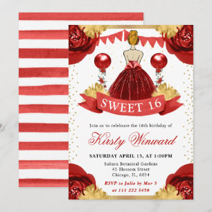 Invitation Robe rouge aquarelle princesse aux cheveux roux Sw