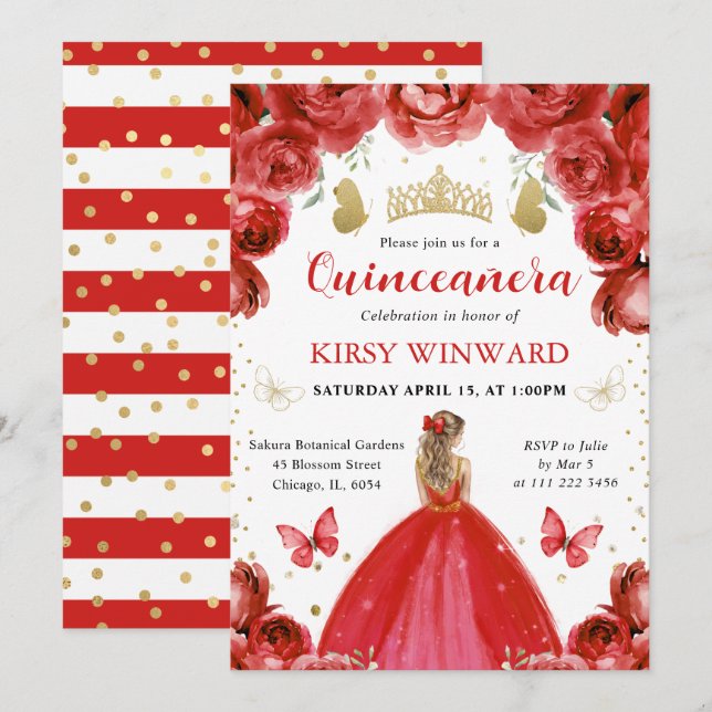 Invitation Robe rouge Blonde Cheveux Princesse Quinceanera (Devant / Derrière)