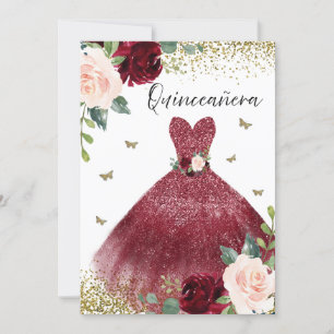 Invitation Robe rouge Bourgogne Blush Floral Quinceanera
