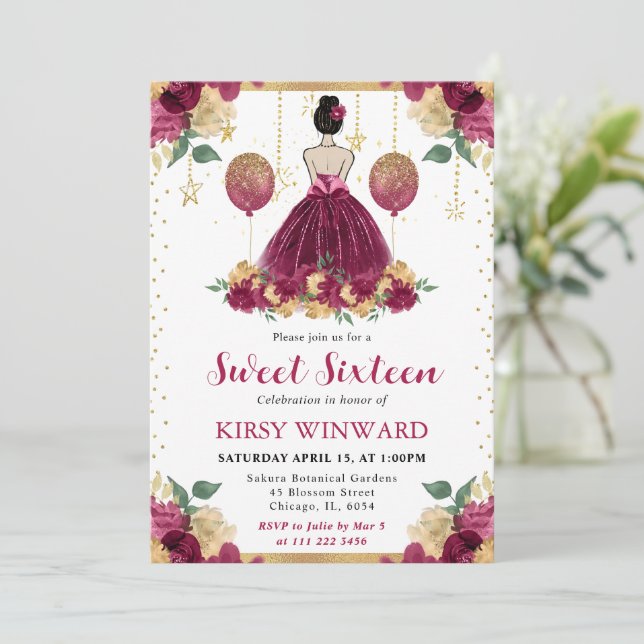Invitation Robe rouge Bourgogne Cheveux bruns Princesse Sweet (Debout devant)