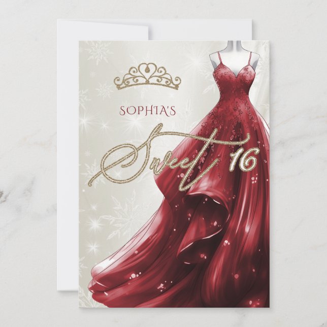 Invitation Robe rouge Bourgogne Snowflakes Winter Sweet 16 (Devant)