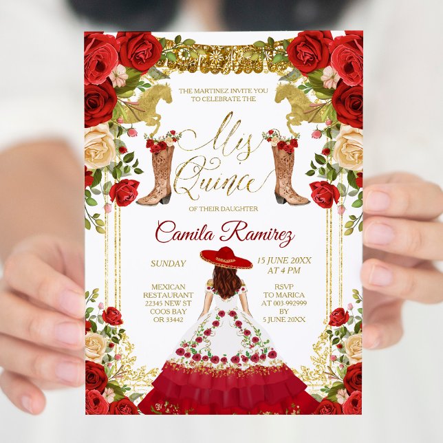 Invitation Robe Rouge Charro & Bottes Mexicaine Fille Douce 1 (Créateur téléchargé)