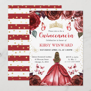 Invitation Robe Rouge Cheveux Blonds Princesse Quinceanera
