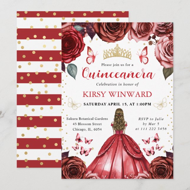 Invitation Robe Rouge Cheveux Blonds Princesse Quinceanera (Devant / Derrière)
